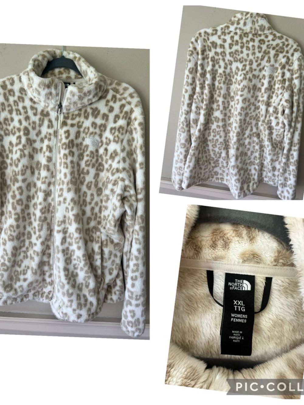 XXL North Face Women's Cream Leopard-Print Fleece Jacket